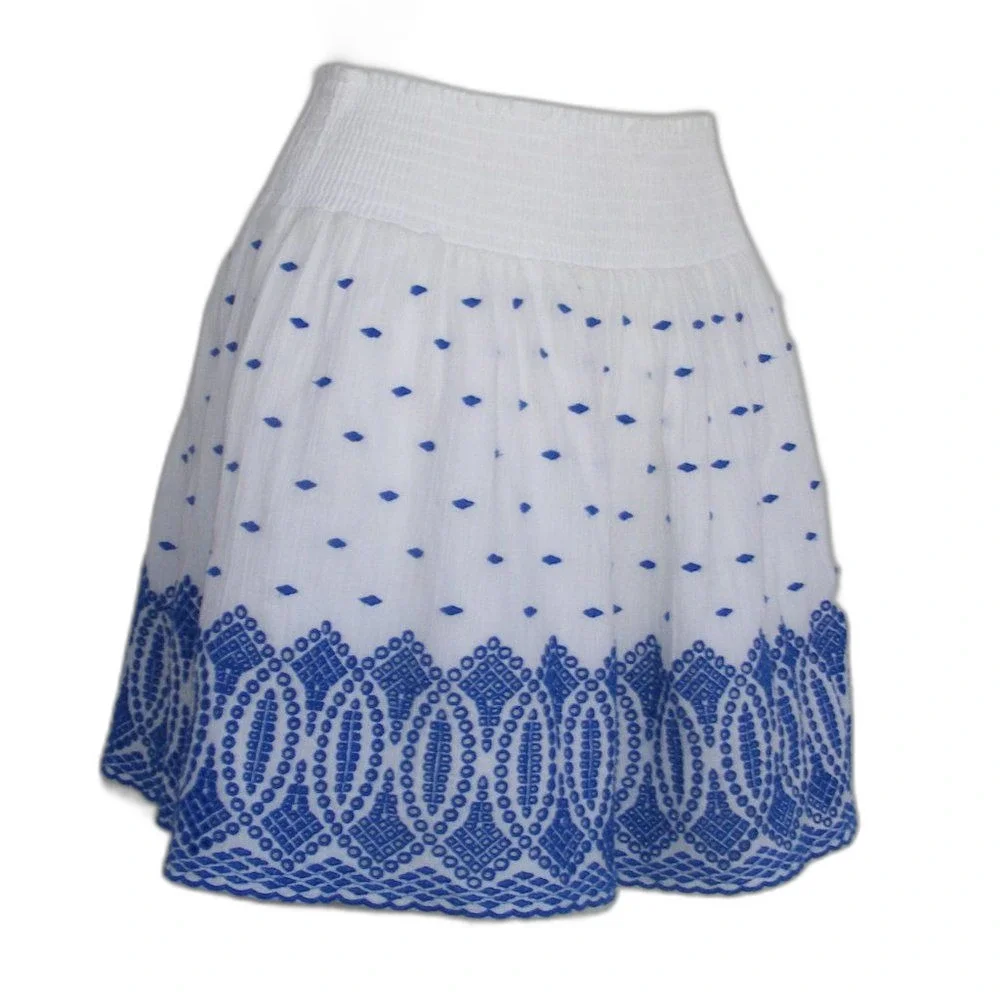 J.CREW Skirt, XS, Smock waist, White/Blue Gauze, Above the knee, Eyelet hem